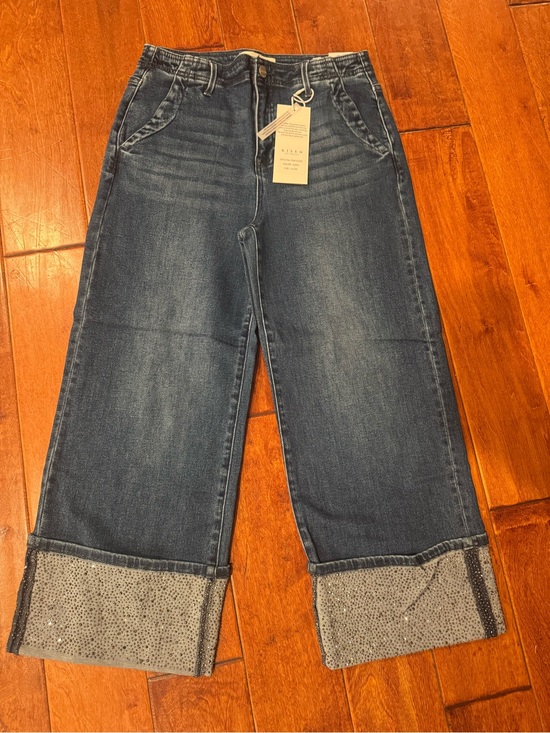Risen Jeans Denim - High-Rise Dark Blue Wide-Leg Jeans with Cuffed Sequin Hem
